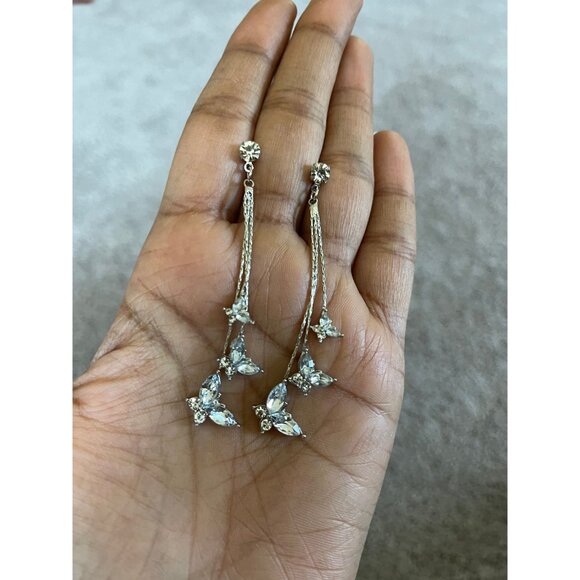 Silver butterfly earrings ,long clear rhinestone fringe chain gold bride earring - Picture 6 of 8
